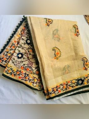 Embroidered Phulkari  Beige Cotton Saree with Multicolor Floral Border